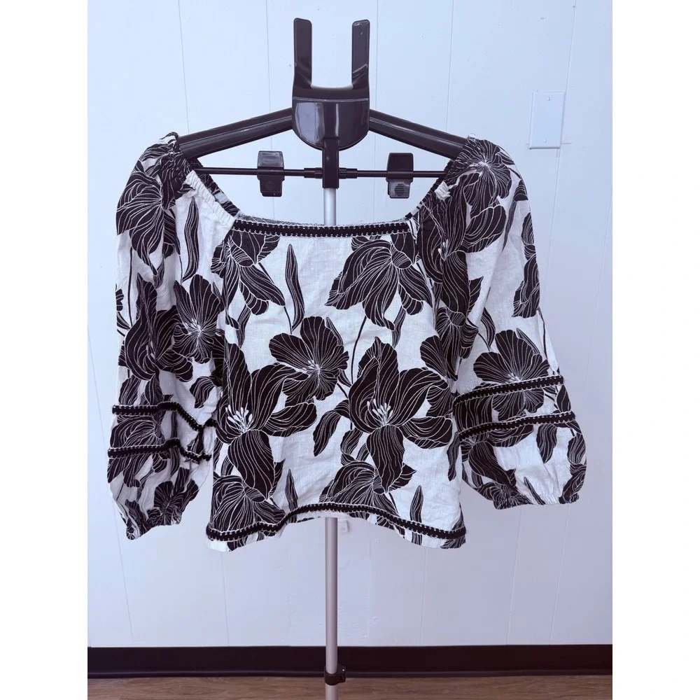 Tahari Linen Blouse Women Large White Black Floral Excellent Puff Sleeve Boho